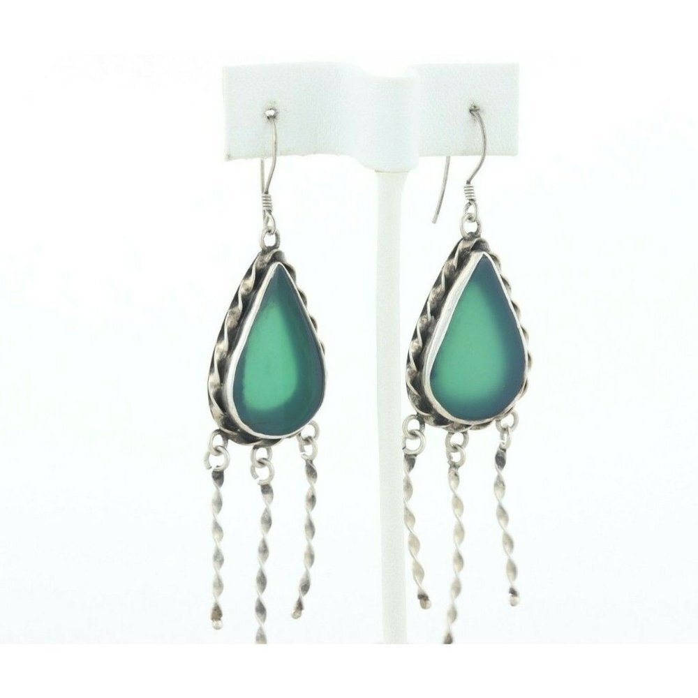 Sterling Silver Green Onyx Dangle Drop Earrings Large Bold - Picture 4 of 7